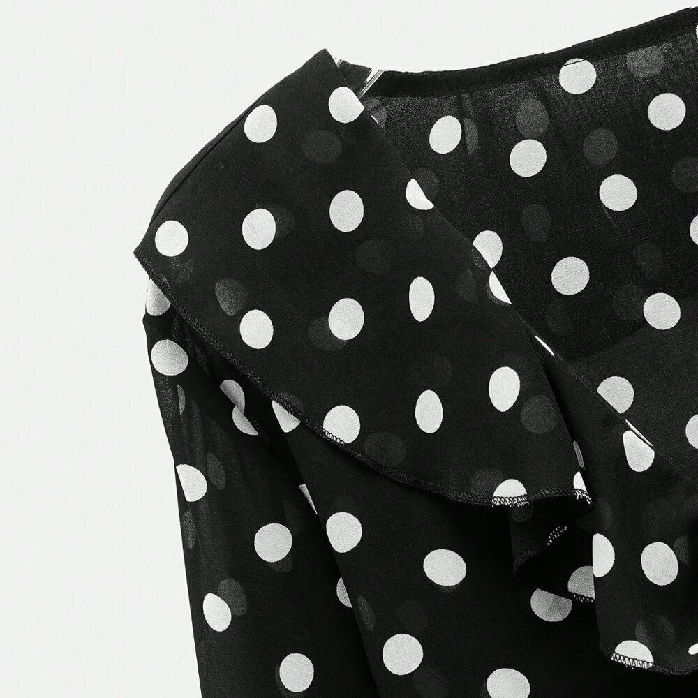 Black Women's Polka Dot Print Design Front Bow Tie Ruffle details blouse - Picture 10 of 11